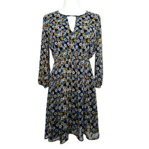 ZARA Basic Navy Blue White Mustard Floral Print 3/4 Sleeve Keyhole Cutout Dress